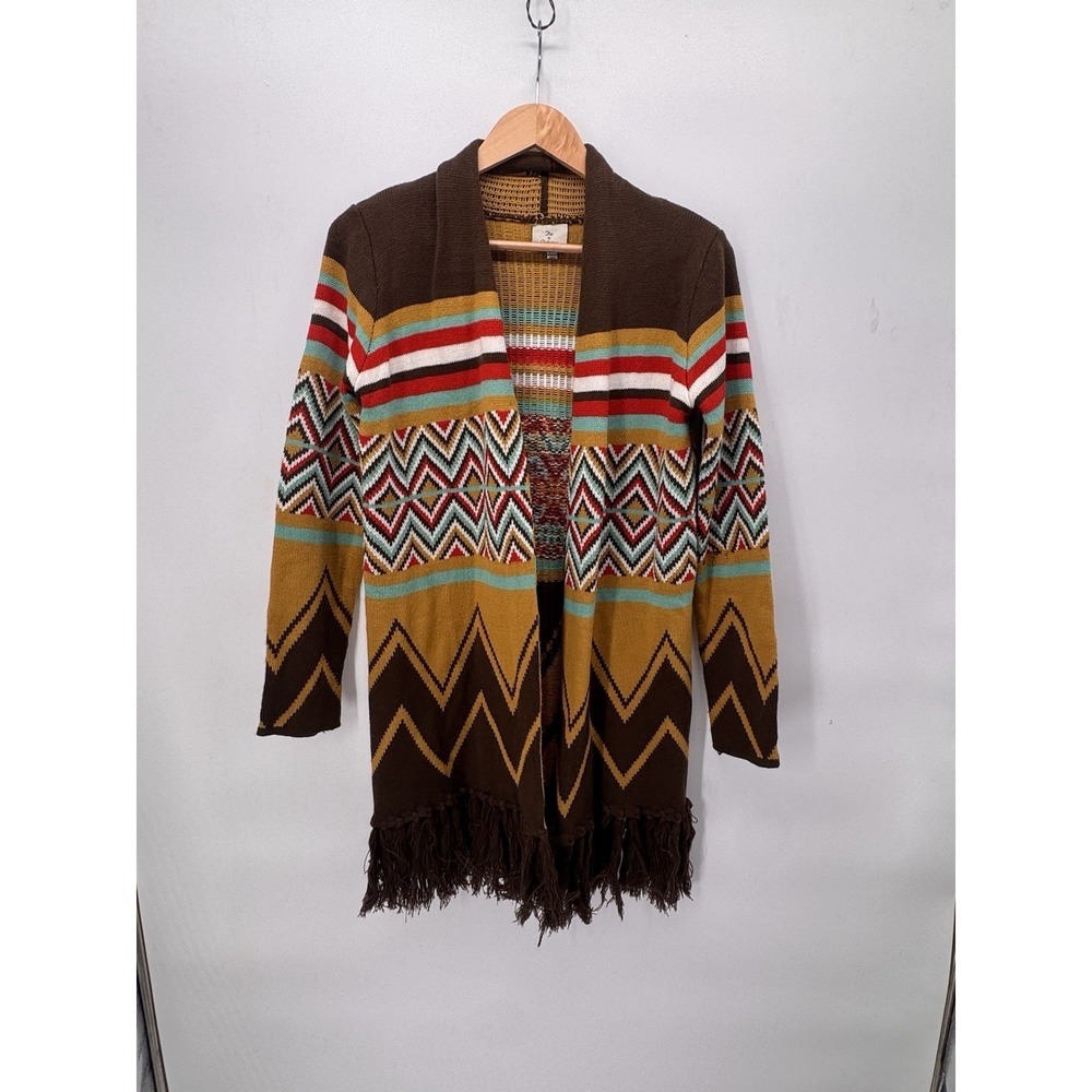 Hot Delicious Sweater Womens Medium Multicolor Aztec Pockets Duster Fringe‎ Boho